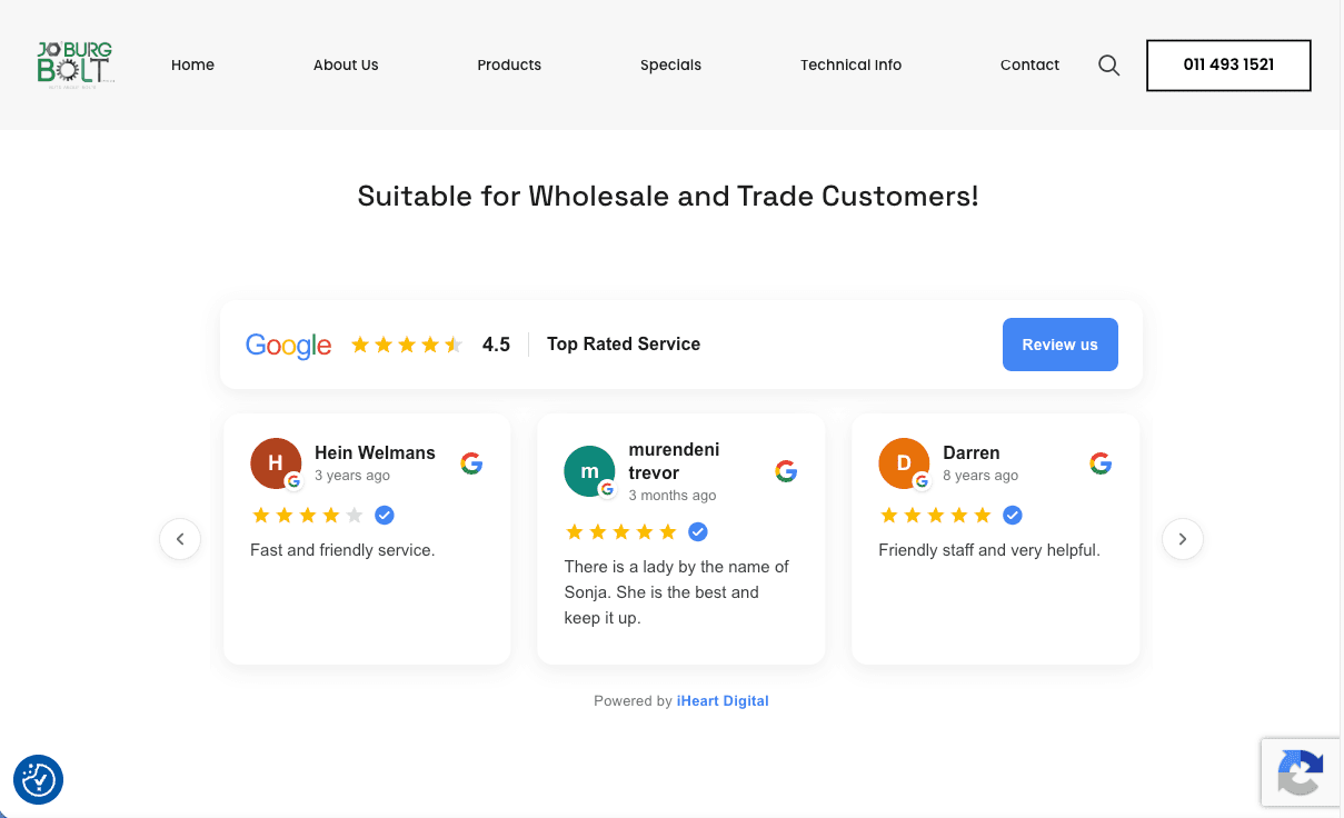 iHeart Reviews Google Reviews Plugin on Joburg Bolt website